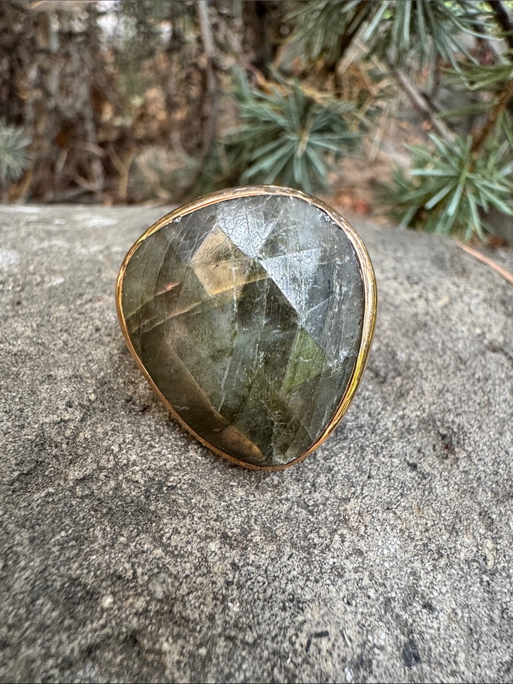 Faceted Labradorite Statement Ring with Gold Tone Bezel